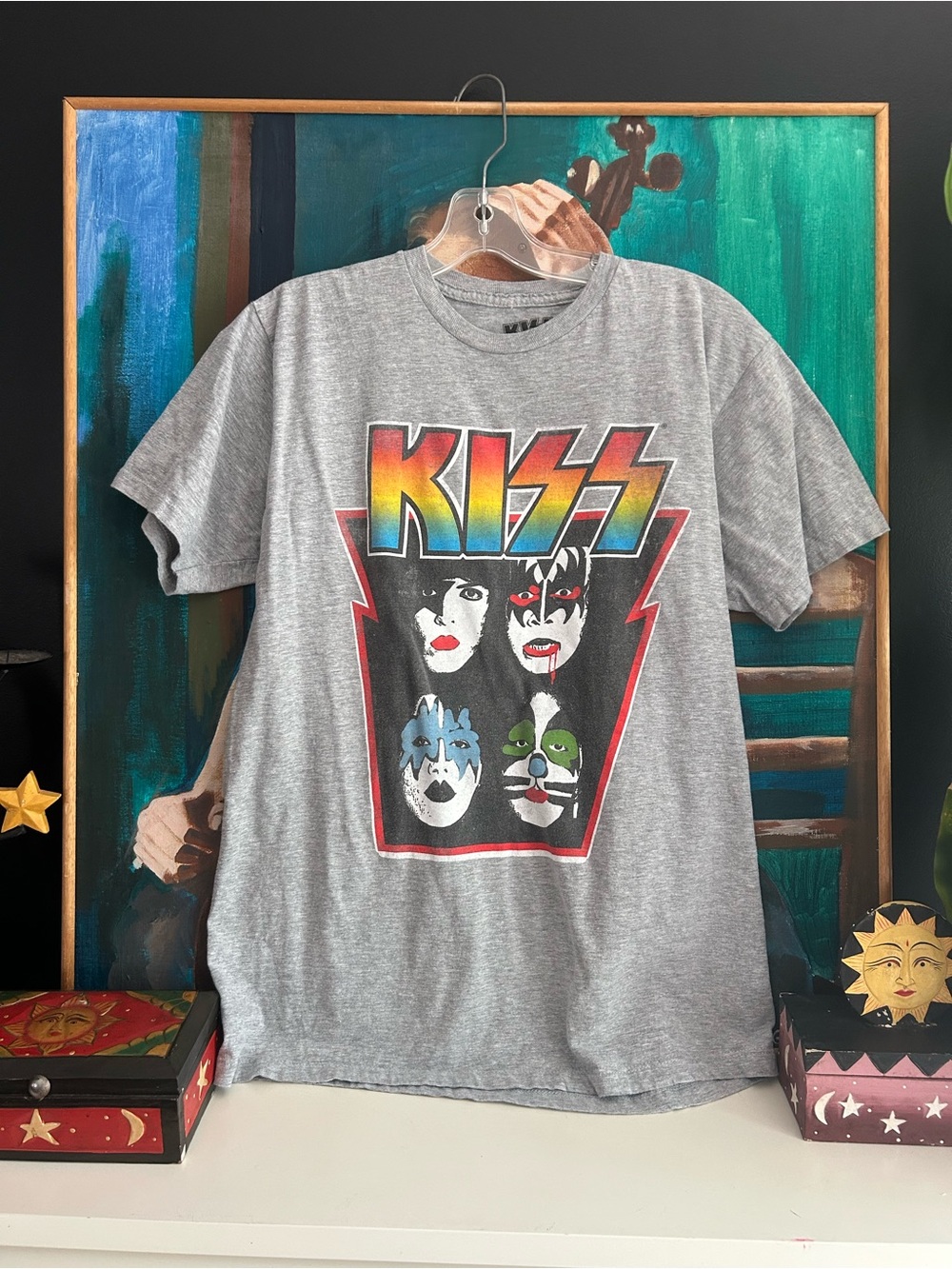 KISS Band T Shirt Medium Gray Rainbow Logo Faces Graphic Rock Music Tee 2022